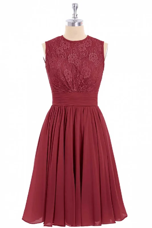 cocktail dressBurgundy Lace Sleeveless Backless A-Line Short Bridesmaid Dress