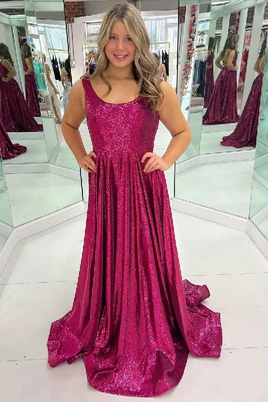 casual dressFuchsia Sequin Round Neck Lace-Up Back A-Line Prom Dress