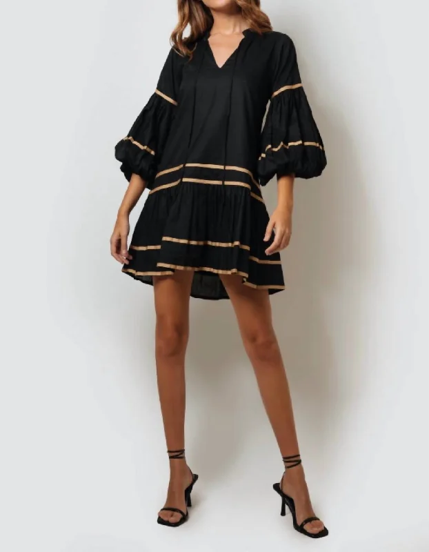 casual shift dressElana Mini Tiered Dress In Black/gold