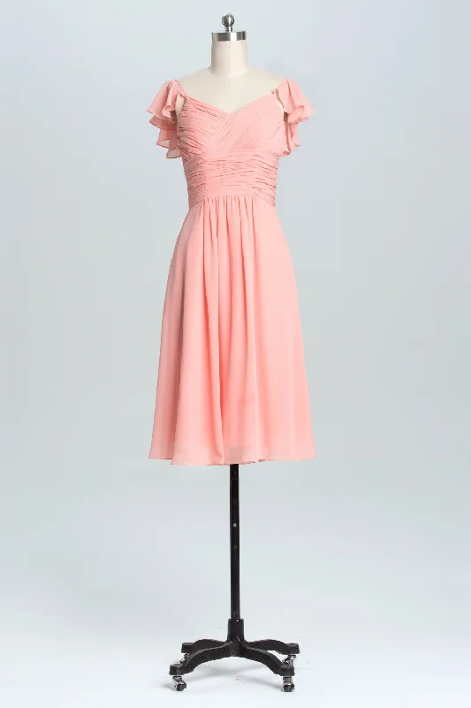 casual knit dressFlutter Sleeves Coral Pleated A-line Short Party Dress