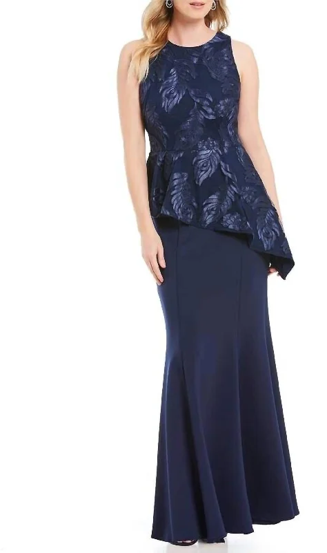 ruffle dressEmbroidered Peplum Evening Dress In Blue