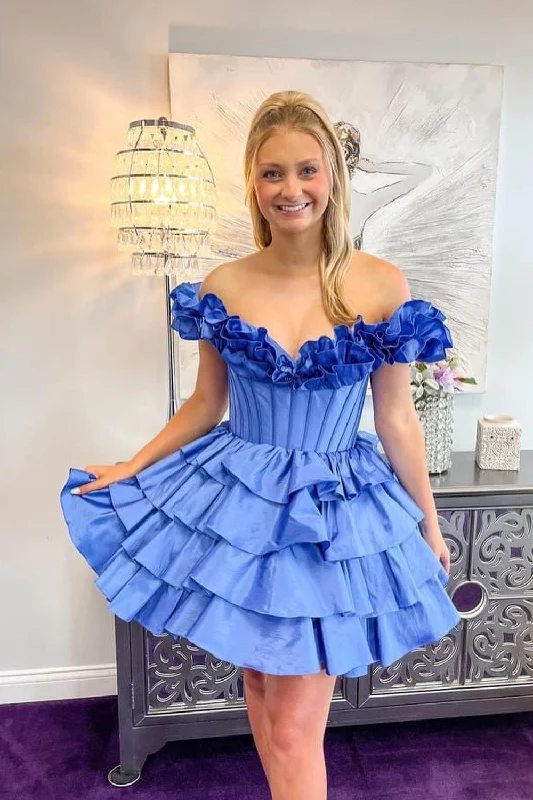 wool dressRuffles Off the Shoulder Blue Tiered Short Homecoming Dress