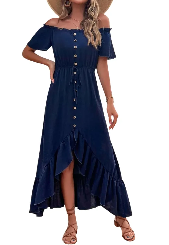 casual summer dressOff Shoulder Midi Dress In Navy