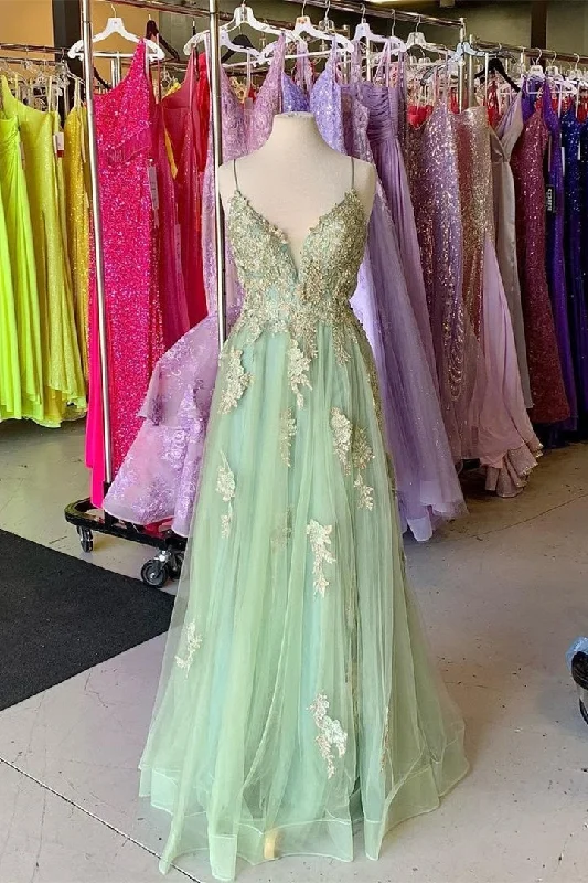 off-the-shoulder dressSage Green Floral Appliques Straps A-Line Prom Dress