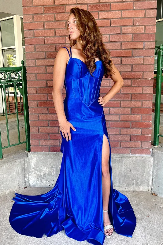 romantic dressRoyal Blue Satin Mermaid Straps Long Prom Dress with Slit