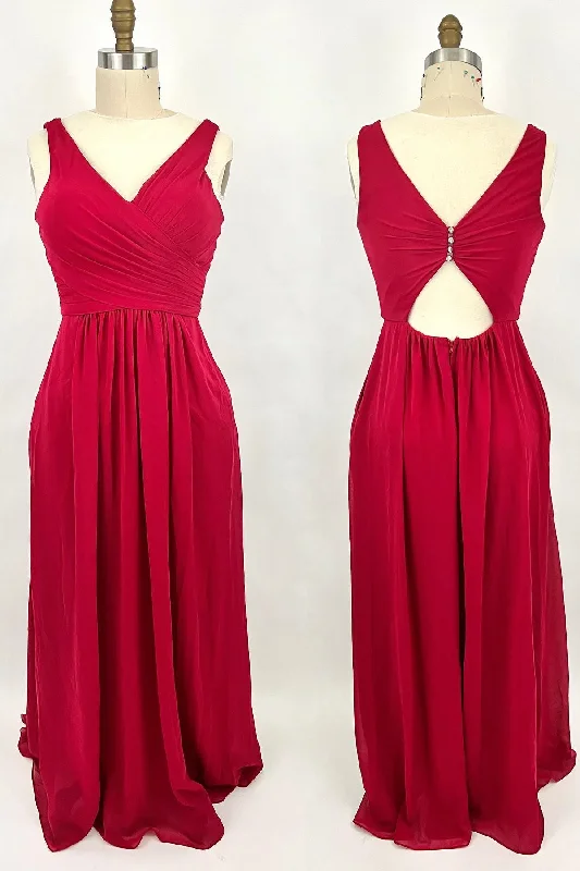 flowy evening dressRuched Red V Neck A-line Long Bridesmaid Dress