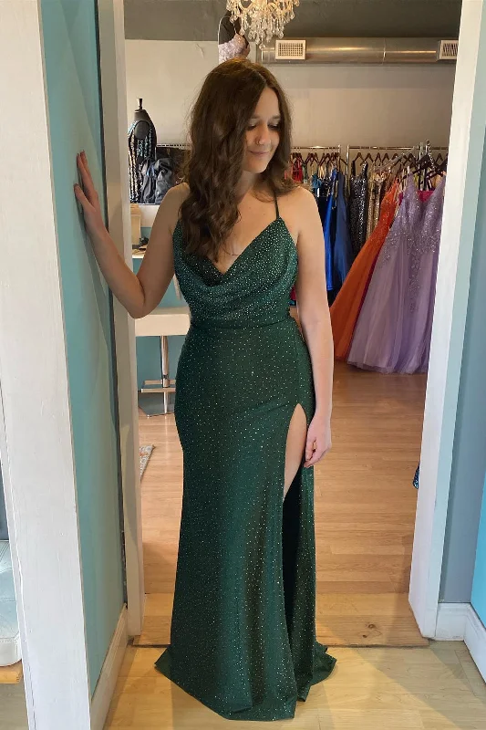 classic fit-and-flare dressGreen Mermaid Cowl Neck Beaded Lace-Up Back Long Prom Dress with Slit