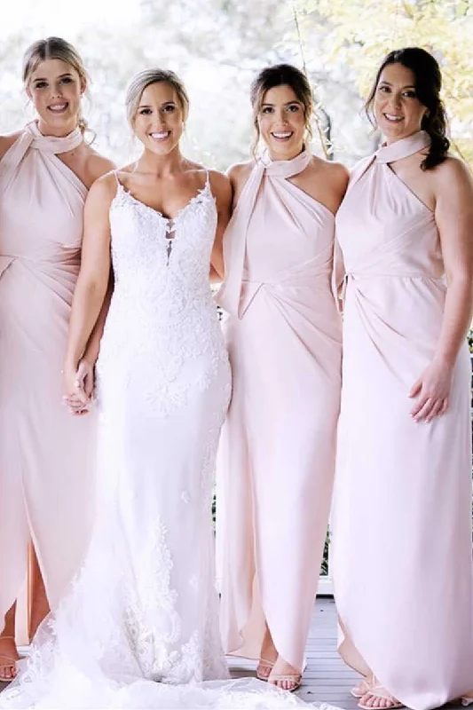 pleated maxi dressPink Halter Backless Long Bridesmaid Dress