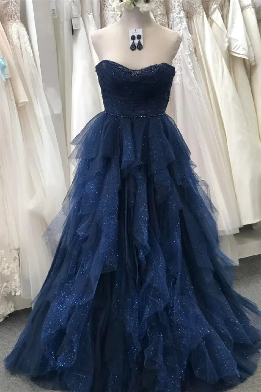 knit dressSparkly Navy Blue Strapless Ruffle Layers Tulle Long Prom Dress