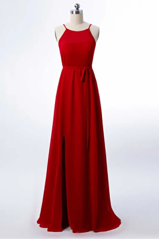 ruched dressRed Chiffon Spaghetti Straps Backless A-Line Bridesmaid Dress with Slit