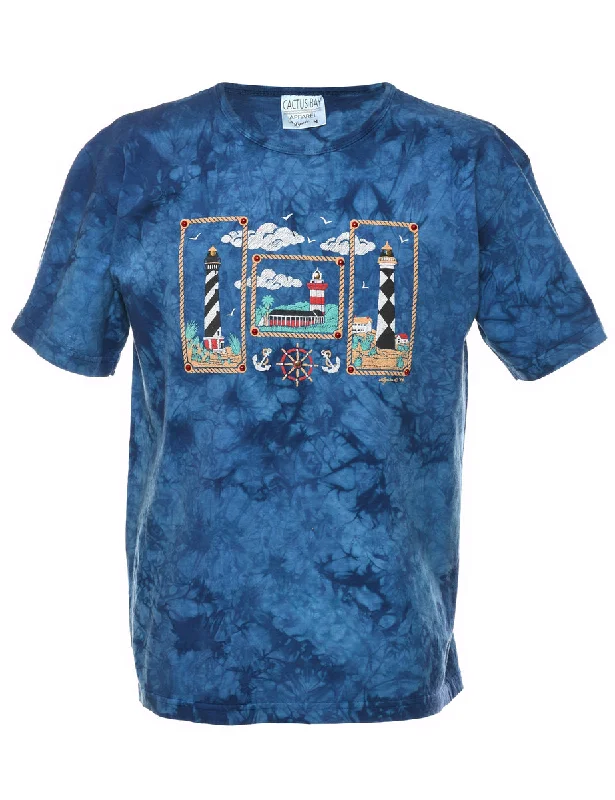 Tie Dye Design Blue Nautical Printed T-shirt - M