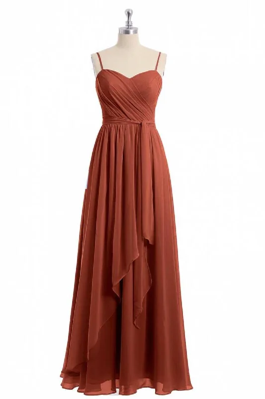 one-shoulder dressRust Orange Spaghetti Straps Sweetheart Ruffled Long Bridesmaid Dress