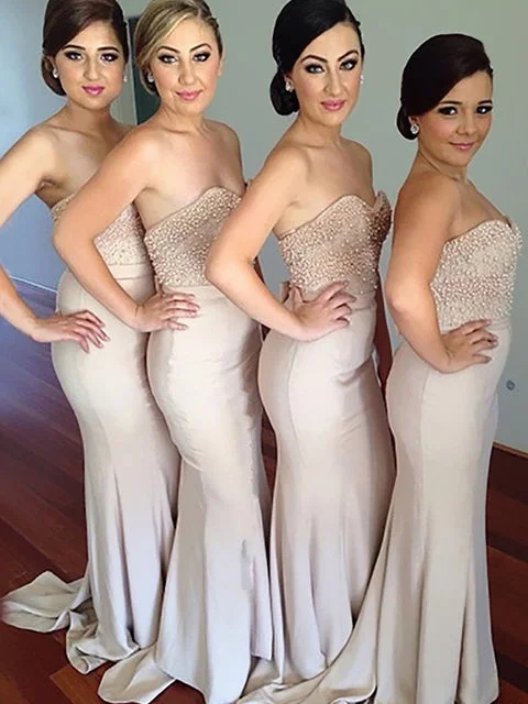 A-line dressSweetheart Mermaid Long Beige Bridesmaid Dress with Pearls