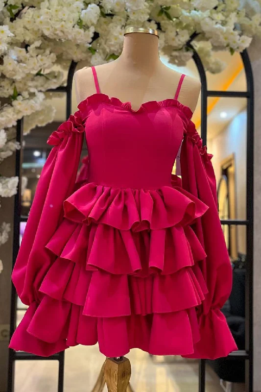 v-neck dressRose Pink Cold Shoulder Straps RUffled Long Sleeves Layers Homecoming Dress