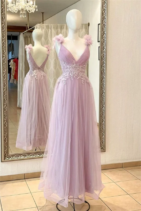 vintage dressPink Deep V Neck Flowers Pleated Appliques Long Prom Dress