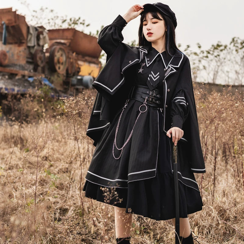 v-neck dress(BFM)With Puji~Devoted War Machine~Military Lolita Black OP Dress and Cloak