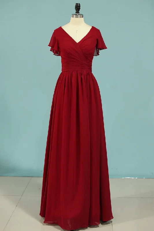 backless dressRed Chiffon V-Neck Ruffled A-Line Long Bridesmaid Dress