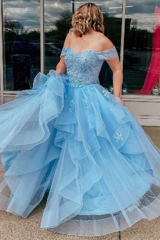 relaxed fit dressLight Blue Tulle Off-the-Shoulder Tiered A-Line Prom Dress