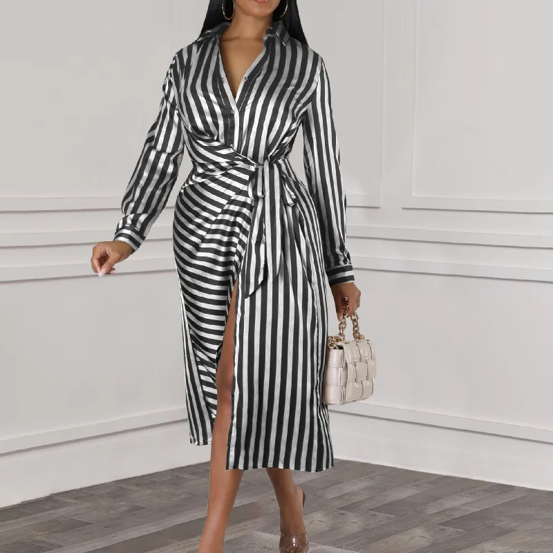 stylish dressStriped Lapel Shirt Dress Loose Long Sleeve Dress