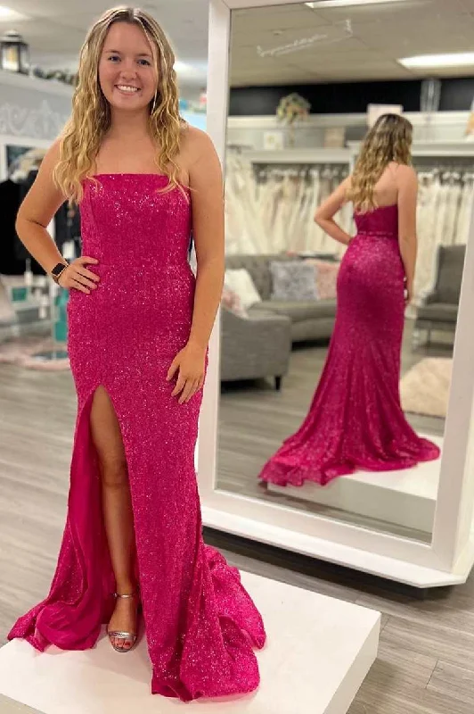 elegant dressMagenta Sequin Strapless Mermaid Long Prom Dress with Slit