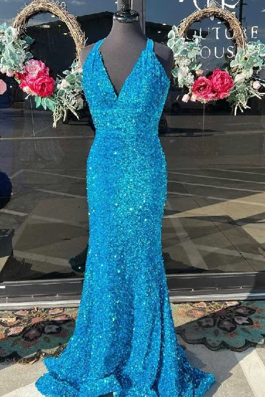 casual evening dressBlue Sequin V-Neck Cross-Back Mermaid Long Prom Dress