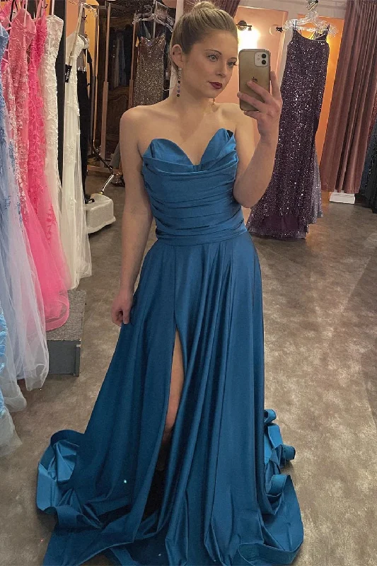 trendy mini dressInk Blue Strapless Satin A-line Pleated Long Prom Dress with Slit