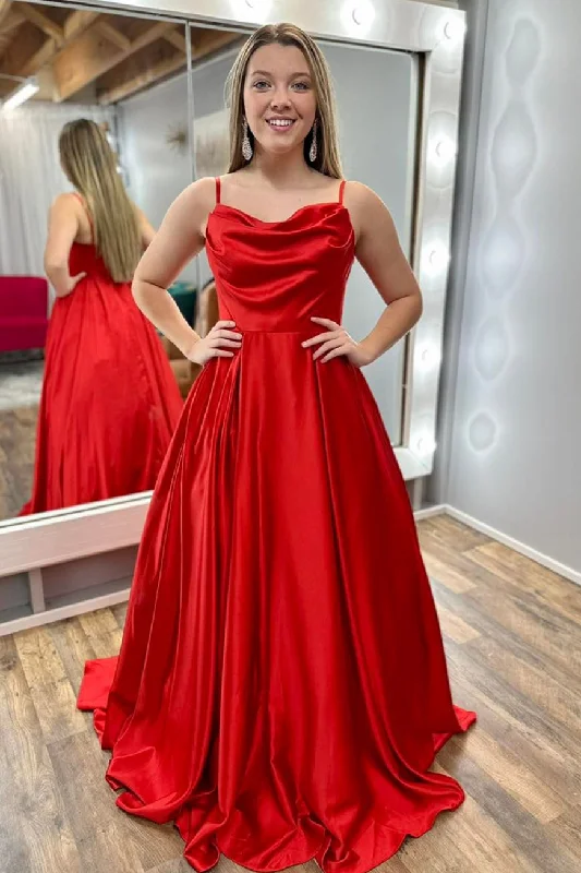 lace-up dressRed Satin Cowl Neck Spaghetti Straps A-line Long Prom Dress