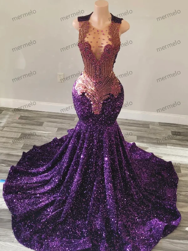 backless dressClassy purple Mermaid dress, Sleeveless dress,Long Reception dress,Prom dress,Black girl dress,Wedding dress,Beautiful bodice,Free Shipping