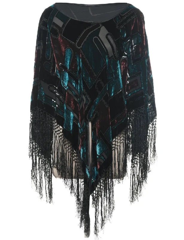 Classic Velvet Fringed Poncho - L