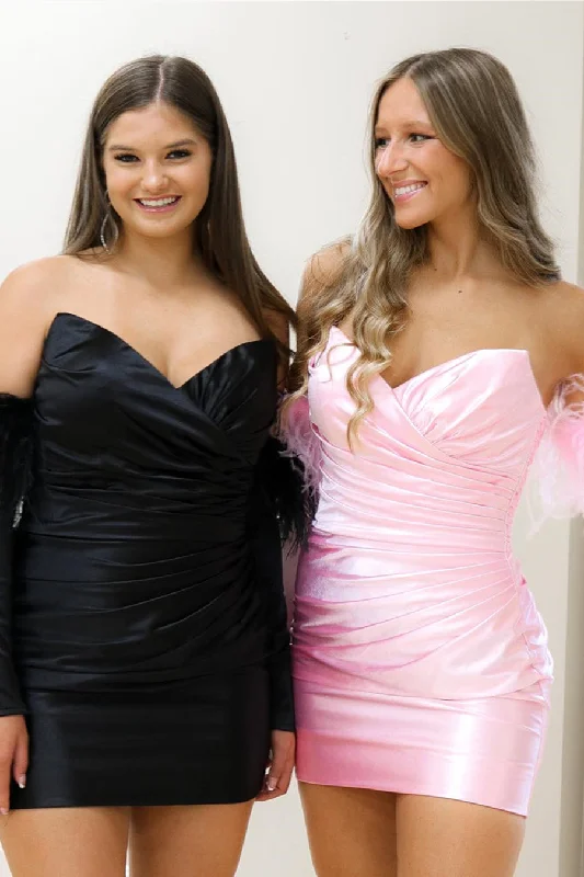 shift dressPink Strapless Surplice Satin Homecoming Dress with Feathered Sleeves