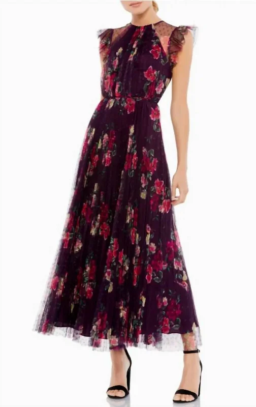 playful dressFloral Ruffle Fit And Flare Tulle Dress In Plum Multi