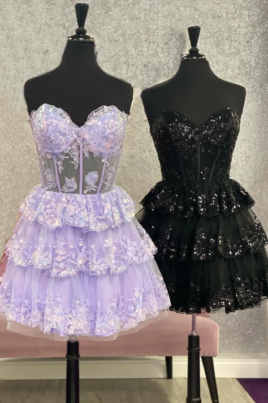 off-the-shoulder dressSweetheart Lavender Sheer Corset A-line Tiered Ruffle Short Dress