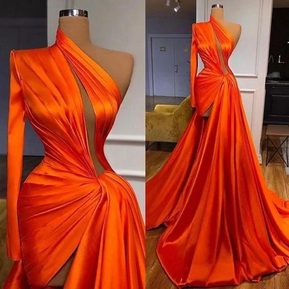 satin dressOne Shoulder Prom Dress, Pleats Evening Dress S24069