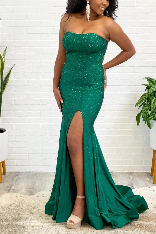 draped dressStrapless Green Mermaid Long Prom Dress with Slit