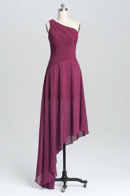 silk dressOne Shoulder Plum Asymmetric Chiffon Long Party Dress