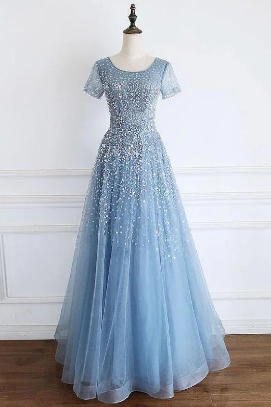 casual day dressElegant Cap Sleeves Blue Long Prom Dress with Lace-up Back