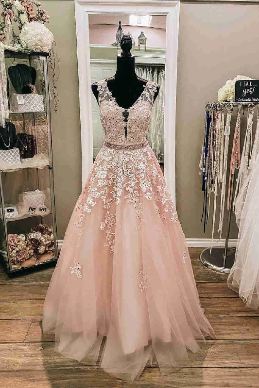 trendy dressV-Neck Sleeveless Pink Prom Dress with Embroidery