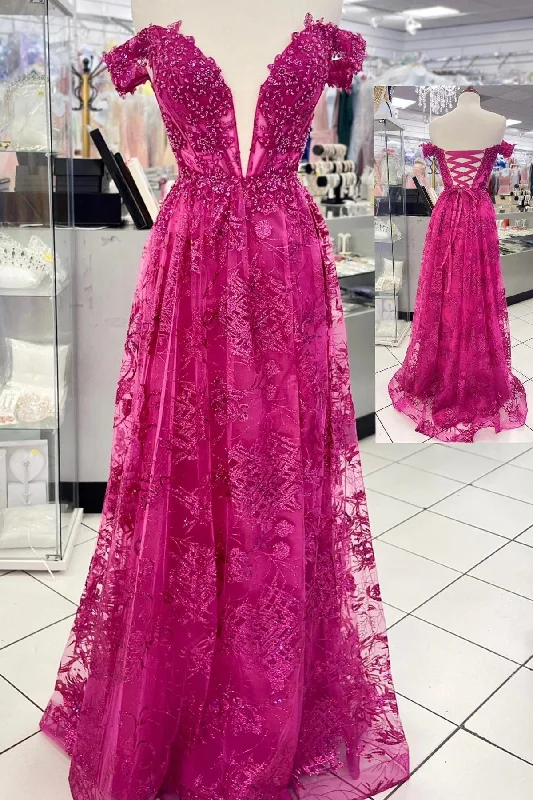 off-shoulder dressFuchsia Off-the-Shoukder Floral A-line Long Prom Dress