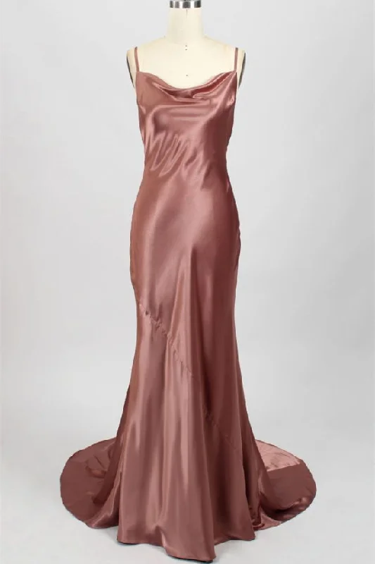 romantic dressSexy Rose Mermaid Cowl Neck Long Bridesmaid Dress