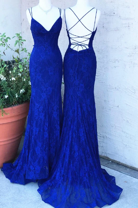 one-shoulder dressElegant Straps Royal Blue Lace Long Prom Dress