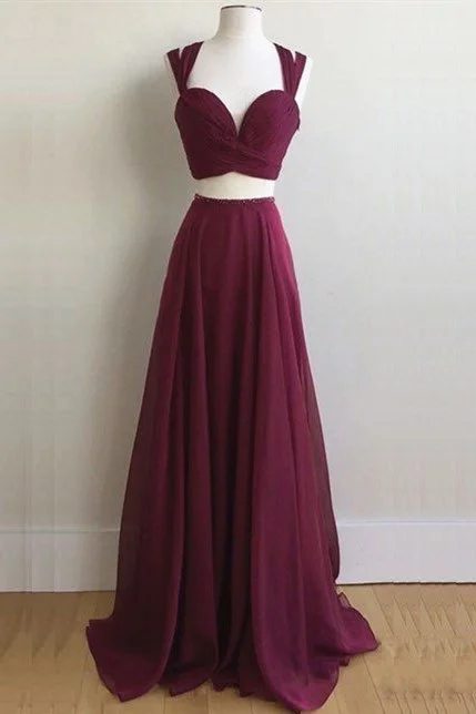 printed dressElegant Two Piece Long Burgundy Chiffon Prom Dress Formal Evening Dress