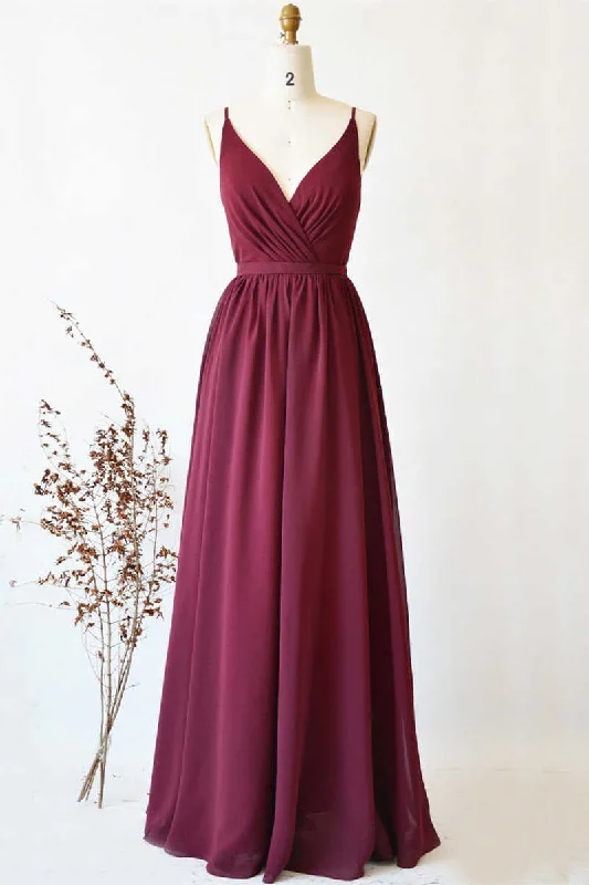 chic wrap dressMagenta Chiffon V-Neck Spaghetti Straps Long Bridesmaid Dress