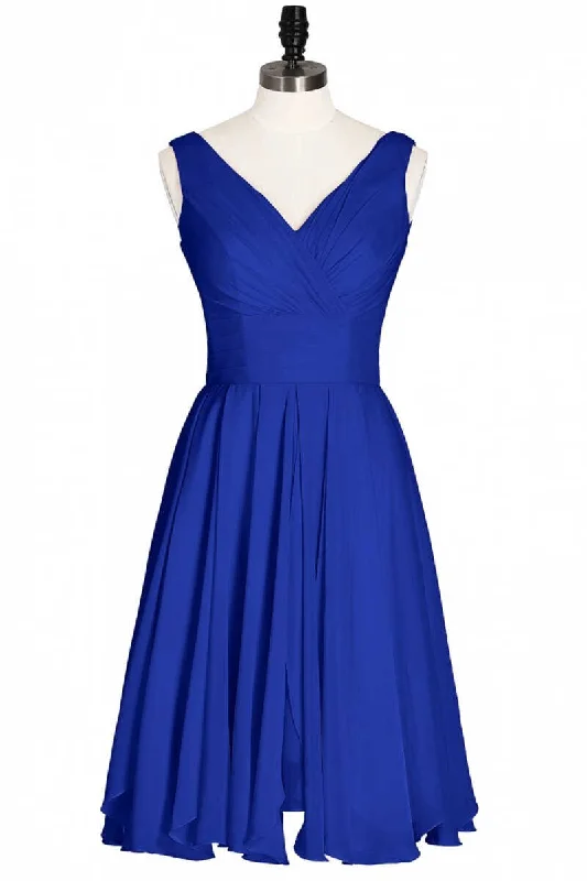 draped dressRoyal Blue Chiffon V-Neck Backless A-Line Short Bridesmaid Dress