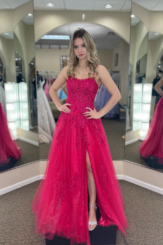 A-line dressFuchsia A-line Tulle Scoop Neckline Applique Slit Long Prom Dress