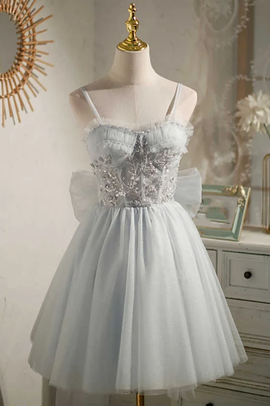 party-ready dressGrey Beaded Bow-Back Short Homecoming Dress