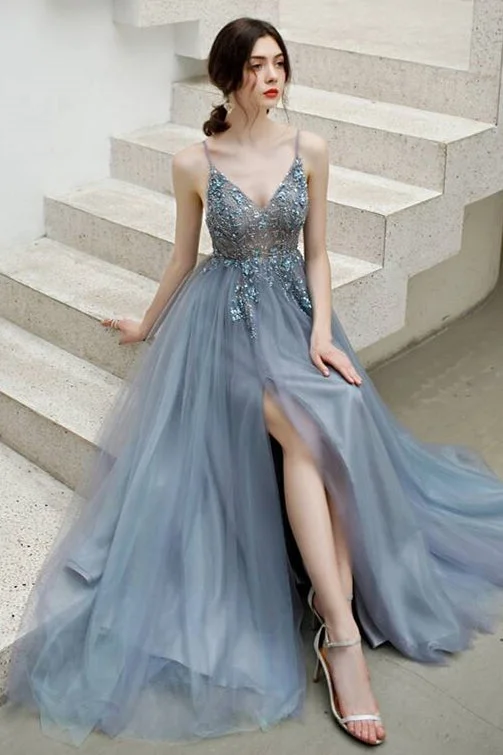 winter dressPrincess Misty Blue Beaded Long Formal Dress