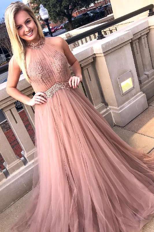 t-shirt dressA-Line Halter Long Blush Pink Prom Dress with Beaded Sash