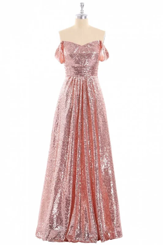 lace dressRose Gold Sequin Off-the-Shoulder A-Line Long Bridesmaid Dress