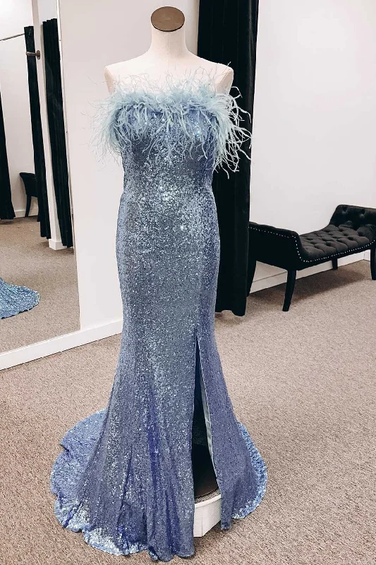 cocktail dressSequins Feather Strapless Mermaid Long Prom Dress