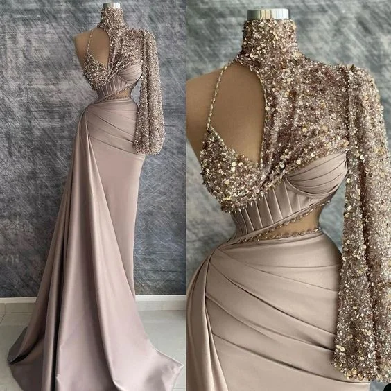 wrap dressChampagne Prom Dress,Beaded Prom Dress,Pleats Prom Dress,High Neck Evening Dress Y6620